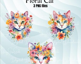 Floral Cat PNG: Watercolor Flower Crown Clipart (Digital Download)