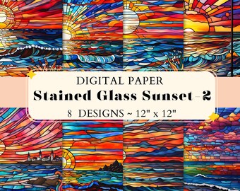 Stained Glass Sunset Digital Paper Pack: Gouache Style Backgrounds (Commercial Use, 12"x12" JPEG Files)
