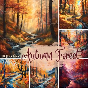 Könnte beinhalten: Eine digitale Kunstcollage aus 10 Herbstszenen mit einem Bach, der durch einen bunten Wald mit roten, orangen, gelben und grünen Blättern fließt. Der Text "Autumn Forest" ist in einer dekorativen Schriftart in der Mitte der Collage geschrieben.