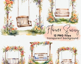 Watercolor Flower Swing Clipart: Floral PNG Bundle (Commercial Use)