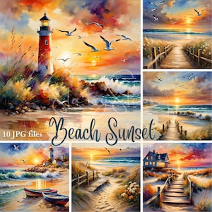 Puede incluir: Un collage de 10 imágenes digitales que representan una escena de puesta de sol en la playa. Las imágenes presentan un faro, una pasarela de madera, una casa y una variedad de pájaros volando sobre el océano. Las imágenes están pintadas en un estilo acuarela con colores vibrantes.