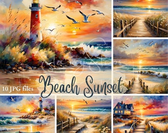 Watercolor Beach Sunset Clipart: Painterly Coastal Art (Digital Download)