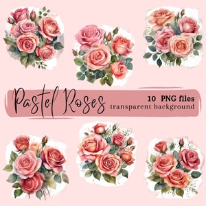 Rose Bouquet Clipart Bundle Descarga digital, Rosas Pastel PNG transparente, Fabricación de tarjetas, Álbum de recortes, Pegatinas, Diario basura, Uso comercial
