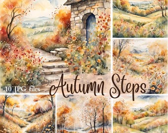 Autumn Scenery Clipart, Pen & Ink Fall Scenes (JPG Digital Paper)