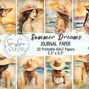 Summer Dreams Junk Journal Pages, Seaside Woman Portrait Half Papers, Vintage Romantic Digital Background Scrapbook Ephemera Commercial Use