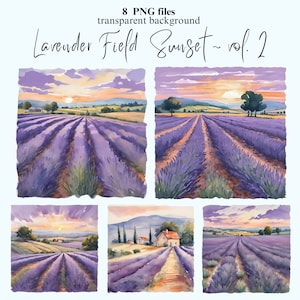 Paquete de imágenes prediseñadas al atardecer de campo de lavanda, Archivos PNG de campo de lavanda, Creación de tarjetas, Elaboración de papel, Álbum de recortes, Diario basura, POD de uso comercial