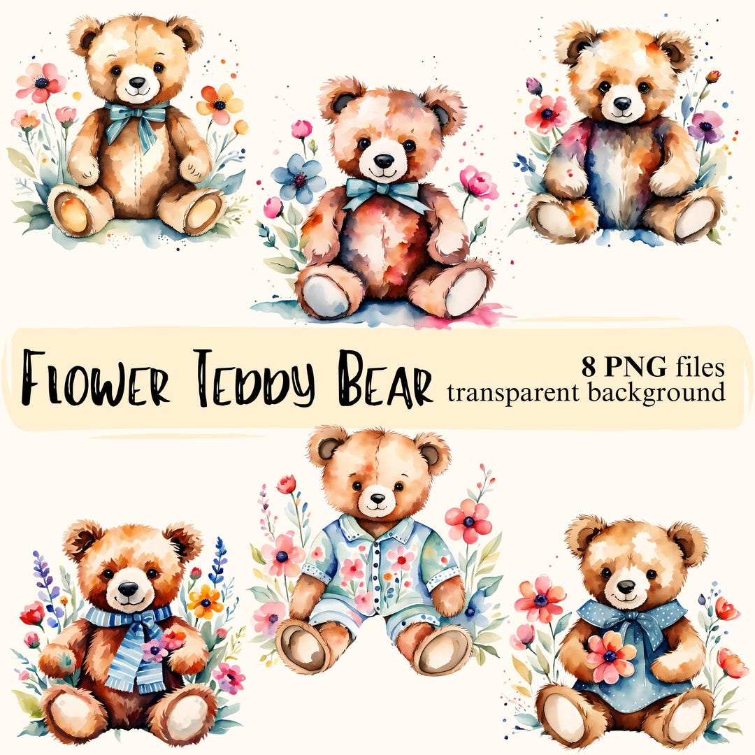 Floral Teddy Bear Clipart: Transparent PNG Bundle (digital Download) - Etsy