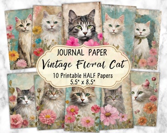 May include: Ten printable digital papers featuring vintage illustrations of cats with floral accents. Each paper is 5.5 inches by 8.5 inches. The papers are perfect for scrapbooking, card making, and other paper crafts.