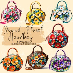 Paquete de imágenes prediseñadas de bolso con flores para descargar en formato digital, bolso con flores redondo PNG transparente, fabricación de tarjetas, pegatinas, álbum de recortes, uso comercial