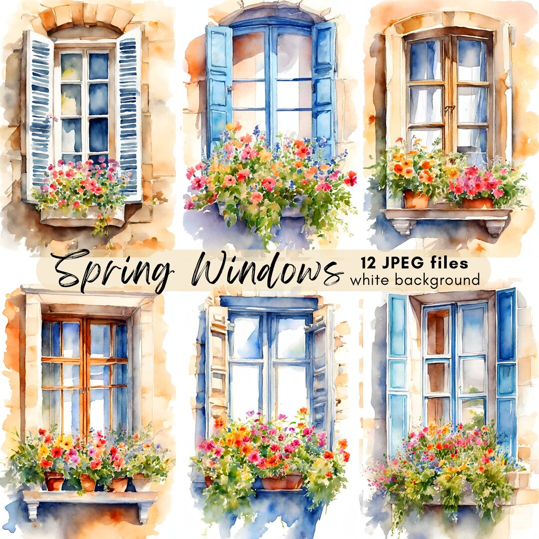 Spring Window R Spring Windows Watercolor Clipart Bundle: High-resolution Jpegs ...