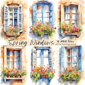 Pakiet akwarelowych clipartów Spring Windows, pliki JPEG w wysokiej rozdzielczości, cyfrowe pobieranie clipartów Windows, tworzenie kartek, sztuka ścienna, wykorzystanie komercyjne