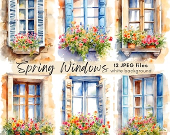 Spring Windows Watercolor Clipart Bundle: High-Resolution JPEGs (Digital Download)