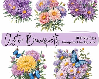 Aster Bouquet Clipart: Autumn Flower PNG Bundle (Digital Download)
