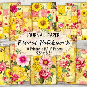 Pode incluir: Dez papéis digitais imprimíveis com um design de patchwork floral em amarelo, rosa e verde. Os papéis medem 5,5 polegadas por 8,5 polegadas.