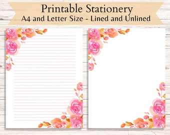 Floral Lined Paper, Floral Unlined Paper, Printable Writing Paper Pink Roses, Letter or Diary Writing Paper, Digital Download Stationery PDF