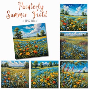 Zestaw clipartów Painterly Summer Fields, cyfrowe pobieranie clipartów Summer Meadow, drukowane pliki JPG Flower Meadow w wysokiej rozdzielczości, wykorzystanie komercyjne