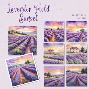 Zestaw clipartów Lavender Field Sunset, akwarelowe obrazy clipartów Lavender Field Sunset w wersji cyfrowej do pobrania, pliki JPG Lavender Field Sunset, wykorzystanie komercyjne