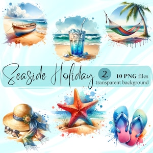 Imágenes prediseñadas digitales de vacaciones junto al mar, diseño de pegatina de vacaciones en la playa imprimible fondo transparente PNG, diario de imágenes descargables junto al mar