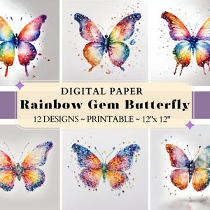 Aquarel regenboog edelsteen vlinder digitaal papier (digitale download)
