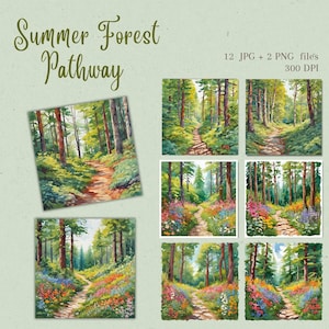 Pakiet kliparty Summer Forest, akwarela Summer Forest JPG i PNG Clip Art do pobrania w wersji cyfrowej, tworzenie kartek, dziennik śmieci, komercyjne wykorzystanie POD