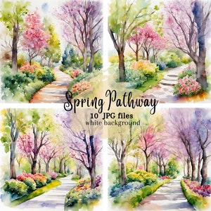 Pakiet clipartów Spring Pathway, cyfrowe pobieranie clipartów Spring Alley, wysokiej rozdzielczości pliki JPG Spring Path, tworzenie clipartów kart, wykorzystanie komercyjne