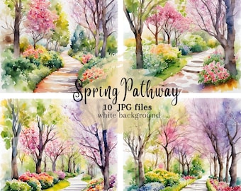 Spring Pathway Clipart: Watercolor Alley, Floral Path (Digital Download)