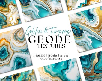 Golden Turquoise Geode Digital Paper: Marble Agate Texture (Digital Download, Commercial Use)