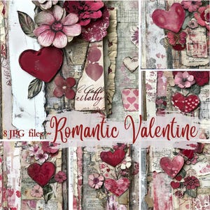 Romantyczny papier do scrapbookingu na Walentynki JPG do pobrania, strony Junk Journal, bordowe czerwone tła w stylu vintage w kształcie serca i kwiatów, papier do rękodzieła