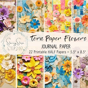 Torn Paper Flowers Journal Pages, Mixed Media Floral Collage Half Papers, Vintage Digital Background, Scrapbook Ephemera, Commercial Use