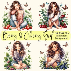 Retrato de menina com frutas vermelhas e cerejas, clipart para download, retrato de menina com frutas vermelhas no verão PNG transparente, criação de cartões, adesivos, álbum de recortes, uso comercial