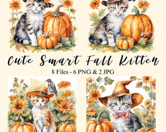 Fall Kittens and Pumpkins Clipart, Transparent PNG (Digital Download)