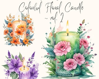 Colorful Floral Candle Clip Art, Colored Floral Candle PNG Files, Digital Download, Card Making, Paper Craft, Junk Journal, Commercial Use