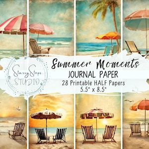Summer Moments Junk Journal Pages, Beach Umbrella With Sun Chairs & Palms Half Papers, Vintage Digital Backgrounds Ephemera Commercial Use