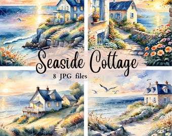 Watercolor Seaside Cottage Clipart JPG: Painterly Coastal Art (Digital Download)