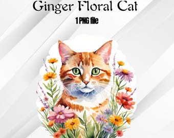 Floral Ginger Cat PNG: Flower Cat Clipart (Digital Download)