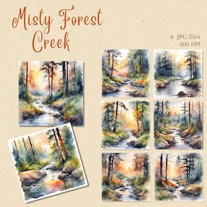 Misty Forest Creek Sunrise Clipart Bundle, akwarelowy las JPG Clip Art do pobrania cyfrowego, tworzenie kartek, dziennik śmieci, komercyjne wykorzystanie POD