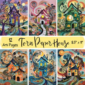 Pagine artistiche di Torn Paper House, pacchetto di carta digitale Whimsical House, set di carta stampabile per collage di carta strappata, design di cartoline e poster