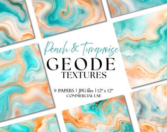 Peach & Turquoise Geode Digital Paper: Marble Texture Backgrounds (12x12 JPG, 300 DPI)