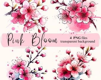 Pink Bloom Watercolor Clipart: PNG Floral Branch (Digital Download)