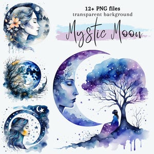 Mystischer Mond Clip Art, Aquarell Mystic Moon PNG Dateien, Digital Download, Kartenherstellung, Papierherstellung, Junk Journal, kommerzielle Nutzung POD