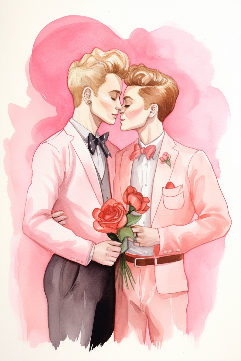 Valentine's Day Card Two Men LGBTQ Love Wedding Stationary Watercolor Printable Romantic Card