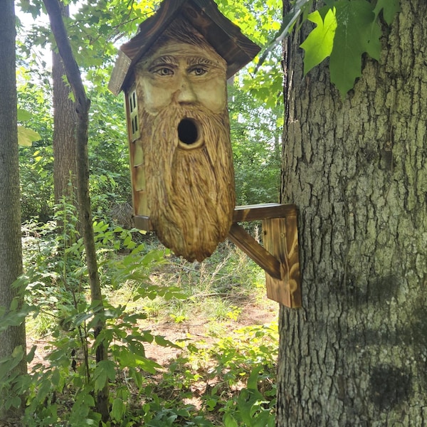 Wood spirit birdhouse, handcarved, unique, rustic.