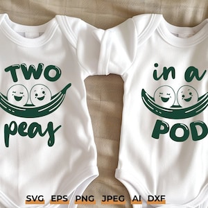 May include: Two white baby onesies with green text and illustrations. One onesie says "Two peas" with two peas in a pod smiling. The other onesie says "in a pod" with two peas in a pod smiling.