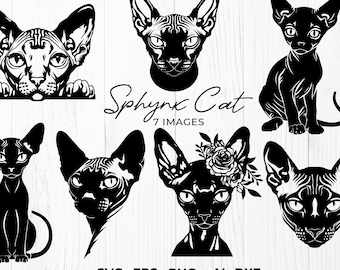 Sphynx Cat SVG Bundle - 7 Naked Cat Designs - Peeking Sphynx PNG - Floral Cat Art Clipart