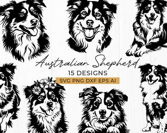 Australian Shepherd SVG Bundle, 15 Dog Lover Clipart Designs, Digital Download, Svg, Png, Eps, Dxf, Ai, Australian Shepherd Art for Cricut