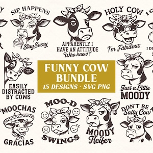 Peut inclure: Ensemble de 15 motifs humoristiques sur le thème des vaches, en noir et blanc. Chaque motif présente une vache avec une expression unique et une phrase amusante, comme "Not Today Heifer". Le lot comprend des fichiers SVG et PNG.