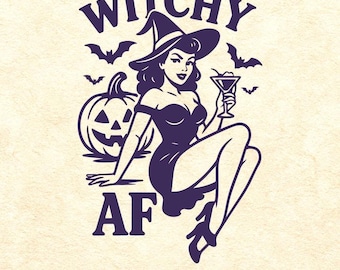 May include: A purple graphic featuring a witch in a hat, holding a cocktail, with a jack-o'-lantern and bats. The text reads "Witchy AF". The image has a vintage, Halloween theme.