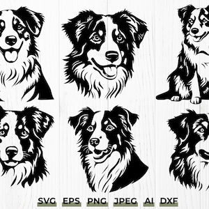 May include: Six black and white illustrations of an Australian Shepherd dog are displayed. The images feature headshots and full body poses, all with a clean, graphic design style. The bottom of the image includes the file type formats: SVG, EPS, PNG, JPEG, AI, and DXF.