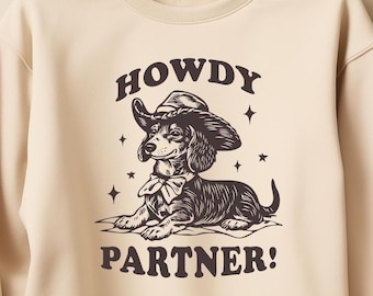Howdy Partner SVG PNG | Funny Cowboy Dachshund Sublimation Design | Trendy Western-Themed Svg for T-Shirts, Hoodies, & DIY Projects