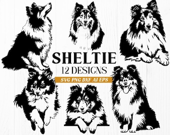 Pode incluir: Ilustrações a preto e branco de cães pastor escoceses em várias poses. A imagem inclui a palavra "Shetlie" e "12 Designs" em negrito. A imagem também inclui os tipos de arquivo: SVG, PNG, DXF, AI e EPS.